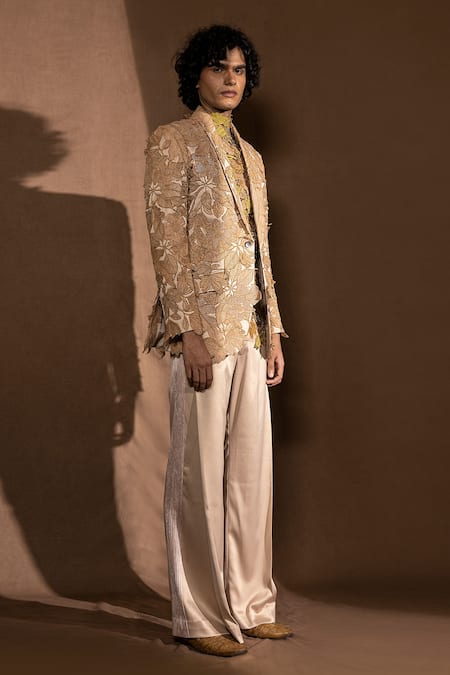 Shop_Abhishek Sharma_Beige Banana Crepe Metallic Katana Work Embroidered Single Breasted Blazer _Online_at_Aza_Fashions