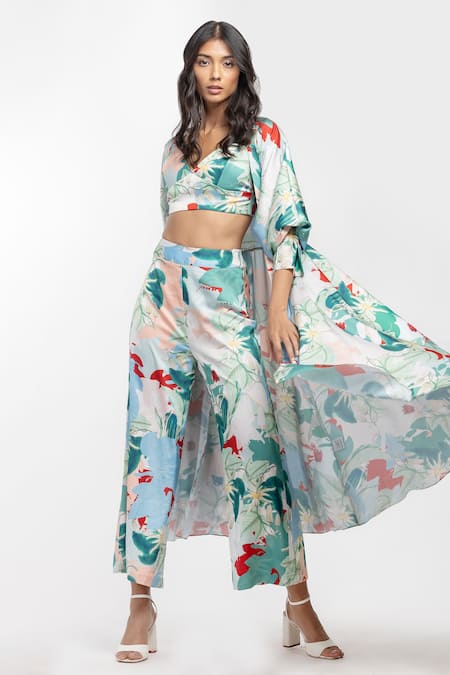 Mandira Wirk Resort Satin Printed Kimono Jacket & Pant Set 