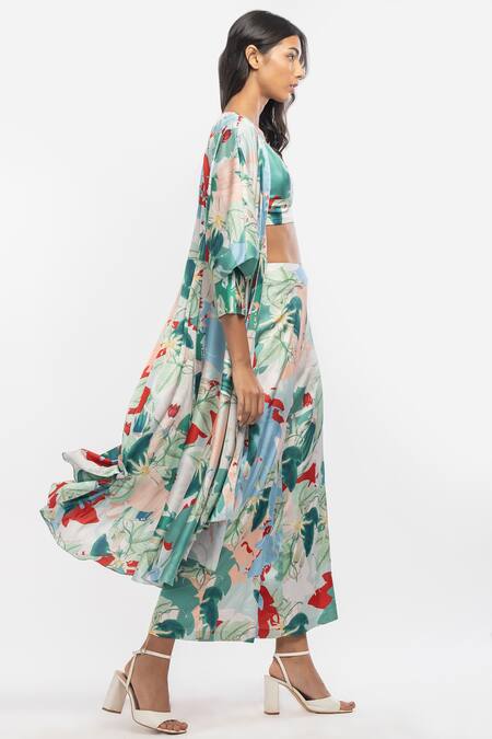 Buy_Mandira Wirk Resort_Green Satin Tropical Print V Neck Kimono Jacket And Pant Set _Online_at_Aza_Fashions