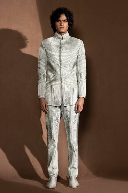 Abhishek Sharma_Grey Suiting Fabric Silk Yarns Drapes Embellished Bandhgala _Online_at_Aza_Fashions