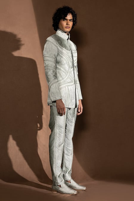 Buy_Abhishek Sharma_Grey Suiting Fabric Silk Yarns Drapes Embellished Bandhgala _Online_at_Aza_Fashions