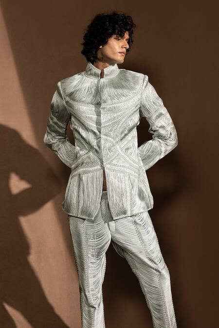 Shop_Abhishek Sharma_Grey Suiting Fabric Silk Yarns Drapes Embellished Bandhgala _Online_at_Aza_Fashions