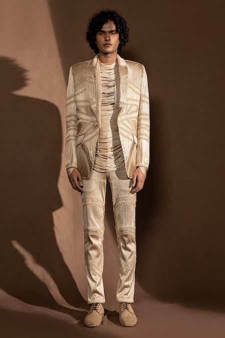 Abhishek Sharma_Beige Suiting Fabric Silk Yarns Drapes Embellished Jacket _Online_at_Aza_Fashions