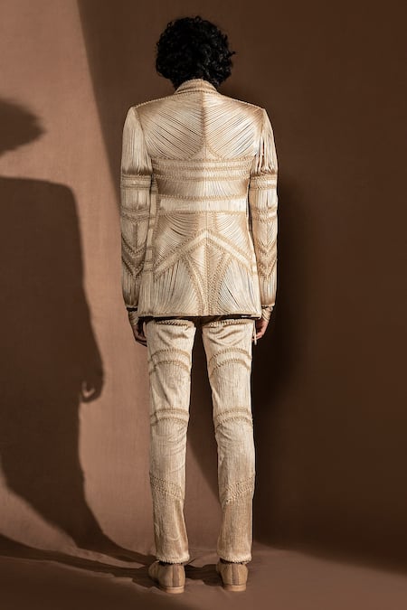 Buy_Abhishek Sharma_Beige Suiting Fabric Silk Yarns Drapes Embellished Jacket _Online_at_Aza_Fashions