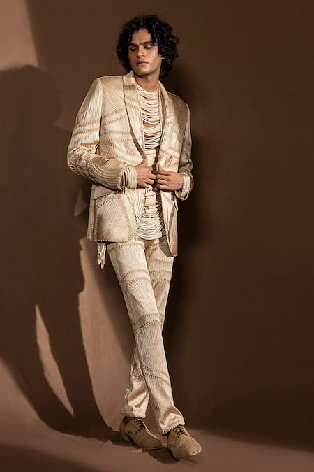 Shop_Abhishek Sharma_Beige Suiting Fabric Silk Yarns Drapes Embellished Jacket _Online_at_Aza_Fashions