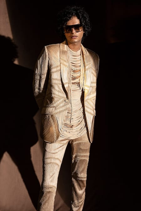 Abhishek Sharma_Beige Suiting Fabric Silk Yarns Drapes Embellished Jacket _at_Aza_Fashions