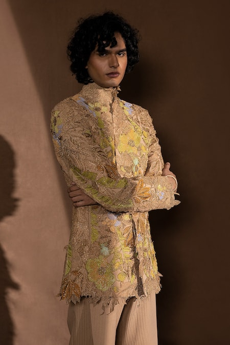 Abhishek Sharma_Multi Color Banana Crepe Embellished And Embroidered Metallic Bandhgala  _at_Aza_Fashions