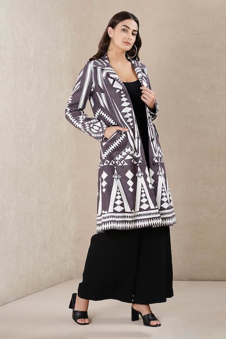 Ritu Kumar_Grey Polyester Suede Lapel Collar Printed Long Jacket _Online_at_Aza_Fashions