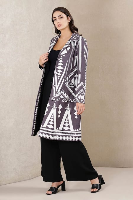 Buy_Ritu Kumar_Grey Polyester Suede Lapel Collar Printed Long Jacket _Online_at_Aza_Fashions