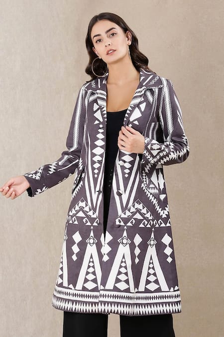 Shop_Ritu Kumar_Grey Polyester Suede Lapel Collar Printed Long Jacket _Online_at_Aza_Fashions