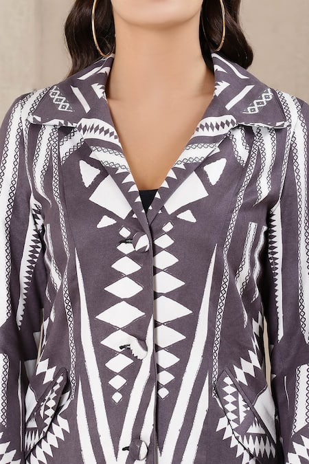 Ritu Kumar_Grey Polyester Suede Lapel Collar Printed Long Jacket _at_Aza_Fashions
