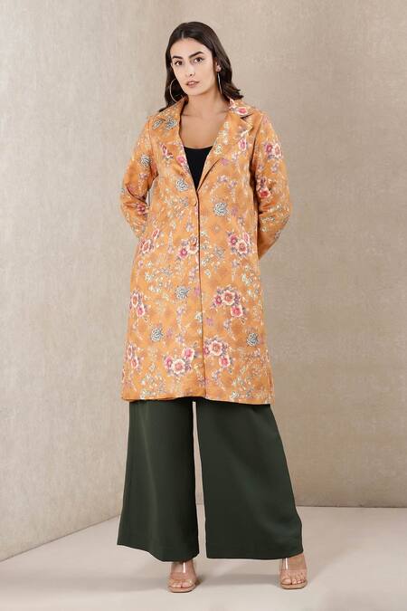 Shop_Ritu Kumar_Yellow Polyester Suede Lapel Collar Printed Long Jacket _Online_at_Aza_Fashions
