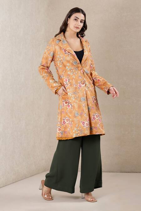 Ritu Kumar_Yellow Polyester Suede Lapel Collar Printed Long Jacket _Online_at_Aza_Fashions