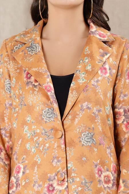 Ritu Kumar_Yellow Polyester Suede Lapel Collar Printed Long Jacket _at_Aza_Fashions