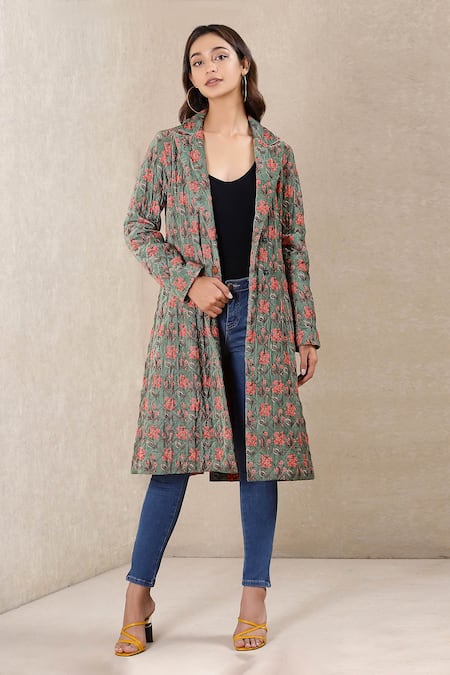 Buy_Ritu Kumar_Green Poly Velvet Lapel Collar Printed Long Jacket _Online_at_Aza_Fashions