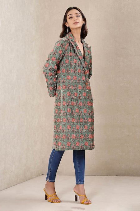 Ritu Kumar_Green Poly Velvet Lapel Collar Printed Long Jacket _Online_at_Aza_Fashions