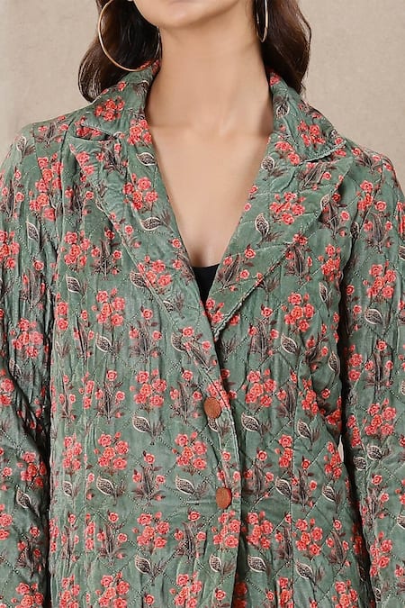 Ritu Kumar_Green Poly Velvet Lapel Collar Printed Long Jacket _at_Aza_Fashions
