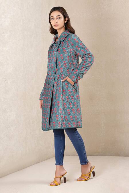 Buy Ritu Kumar Blue Poly Velvet Collared Neck Printed Long Jacket Online at Aza Fashions Buy_Ritu Kumar_Blue Poly Velvet Collared Neck Printed Long Jacket _Online_at_Aza_Fashions