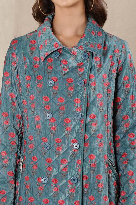 Ritu Kumar Blue Poly Velvet Collared Neck Printed Long Jacket at Aza Fashions Ritu Kumar_Blue Poly Velvet Collared Neck Printed Long Jacket _at_Aza_Fashions