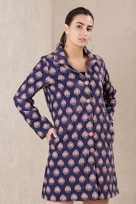 Ritu Kumar Purple Poly Velvet Printed Collared Neck Long Jacket Online at Aza Fashions Ritu Kumar_Purple Poly Velvet Printed Collared Neck Long Jacket _Online_at_Aza_Fashions