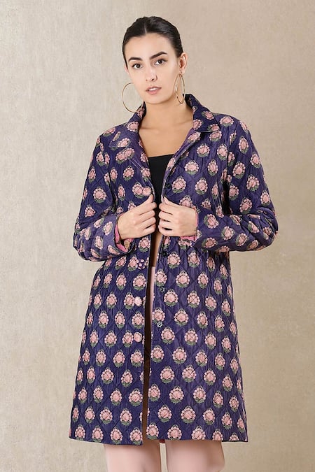 Shop Ritu Kumar Purple Poly Velvet Printed Collared Neck Long Jacket Online at Aza Fashions Shop_Ritu Kumar_Purple Poly Velvet Printed Collared Neck Long Jacket _Online_at_Aza_Fashions