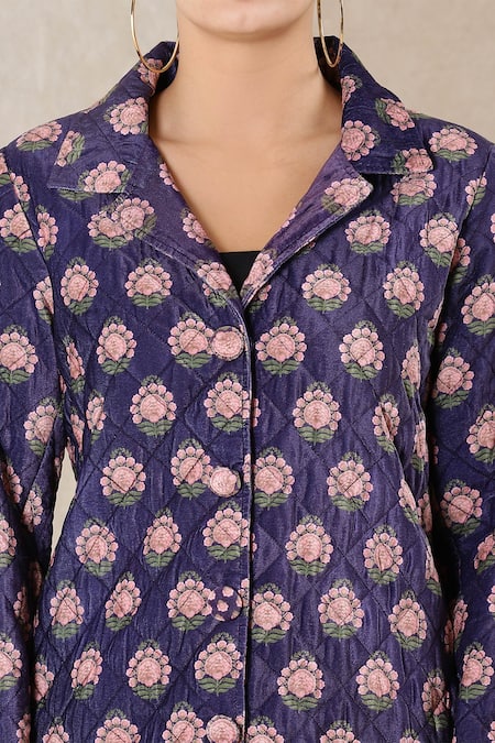 Ritu Kumar Purple Poly Velvet Printed Collared Neck Long Jacket at Aza Fashions Ritu Kumar_Purple Poly Velvet Printed Collared Neck Long Jacket _at_Aza_Fashions