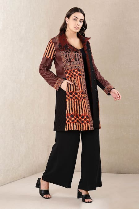 Ritu Kumar_Brown Viscose Crepe High Neck Printed Jacket _Online_at_Aza_Fashions