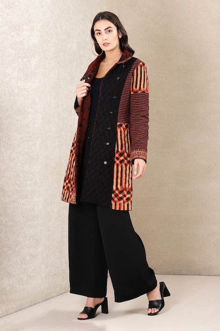 Buy_Ritu Kumar_Brown Viscose Crepe High Neck Printed Jacket _Online_at_Aza_Fashions