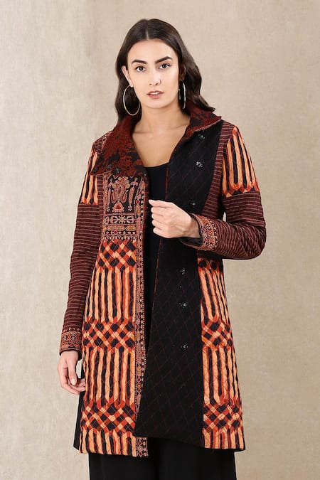 Shop_Ritu Kumar_Brown Viscose Crepe High Neck Printed Jacket _Online_at_Aza_Fashions