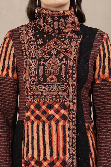 Ritu Kumar_Brown Viscose Crepe High Neck Printed Jacket _at_Aza_Fashions