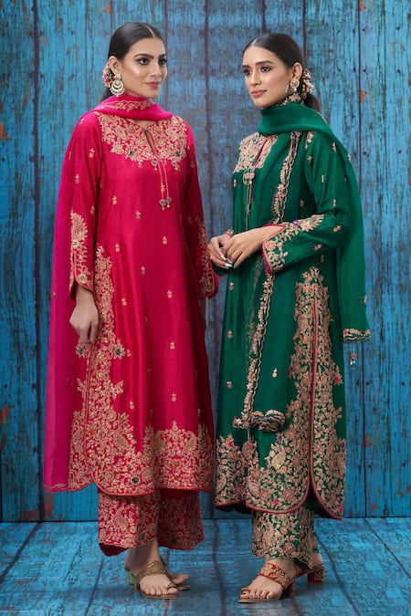 Buy_Label Niti Bothra_Pink Silk Floral, Paisley Notched Embroidered Kurta Palazzo Set _Online_at_Aza_Fashions