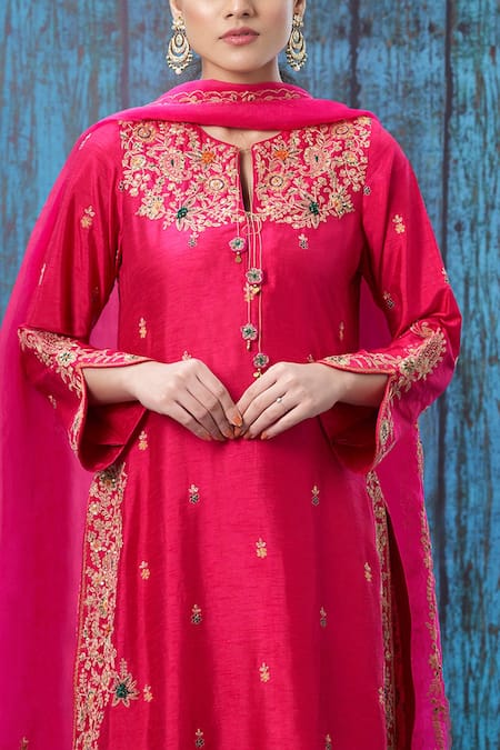 Shop_Label Niti Bothra_Pink Silk Floral, Paisley Notched Embroidered Kurta Palazzo Set _Online_at_Aza_Fashions