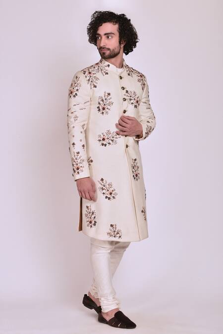Jatin Malik_White Slub Silk Embroidered Sherwani Set _Online_at_Aza_Fashions