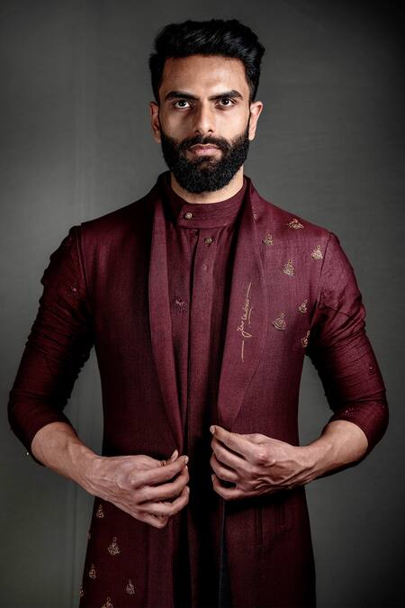 Jatin Malik Maroon Slub Silk Embroidered Jacket And Kurta Set Online at Aza Fashions Jatin Malik_Maroon Slub Silk Embroidered Jacket And Kurta Set_Online_at_Aza_Fashions