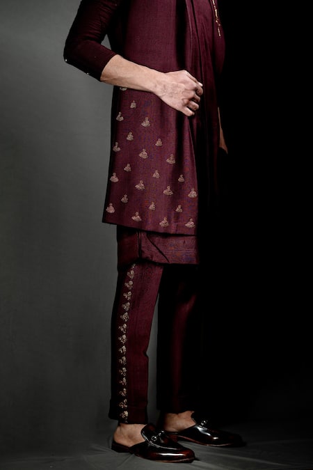 Buy Jatin Malik Maroon Slub Silk Embroidered Jacket And Kurta Set Online at Aza Fashions Buy_Jatin Malik_Maroon Slub Silk Embroidered Jacket And Kurta Set_Online_at_Aza_Fashions