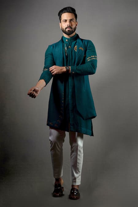 Jatin Malik Green Slub Silk Embroidered Jacket And Kurta Set 