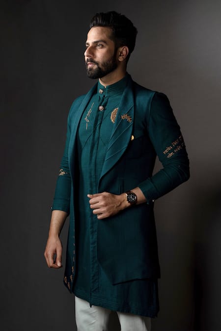 Shop Jatin Malik Green Slub Silk Embroidered Jacket And Kurta Set at Aza Fashions Shop_Jatin Malik_Green Slub Silk Embroidered Jacket And Kurta Set _at_Aza_Fashions