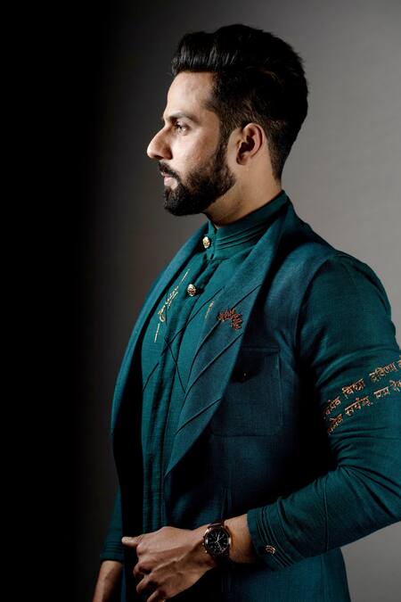 Buy Jatin Malik Green Slub Silk Embroidered Jacket And Kurta Set Online at Aza Fashions Buy_Jatin Malik_Green Slub Silk Embroidered Jacket And Kurta Set _Online_at_Aza_Fashions