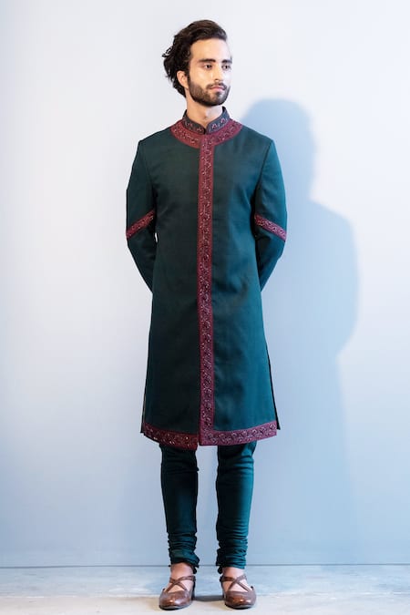 Jatin Malik Green Slub Silk Embroidered Sherwani Set