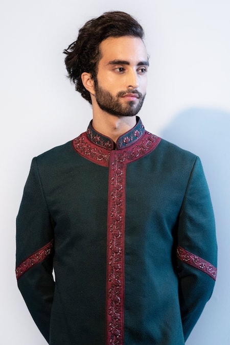 Shop Jatin Malik Green Slub Silk Embroidered Sherwani Set at Aza Fashions Shop_Jatin Malik_Green Slub Silk Embroidered Sherwani Set _at_Aza_Fashions