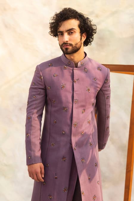 Shop Jatin Malik Purple Cotton Silk Embroidered Sherwani Set at Aza Fashions Shop_Jatin Malik_Purple Cotton Silk Embroidered Sherwani Set _at_Aza_Fashions