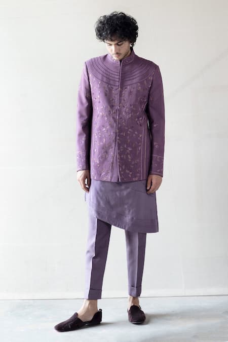 Jatin Malik Purple Cotton , Slub Embroidered Bandhgala And Kurta Set