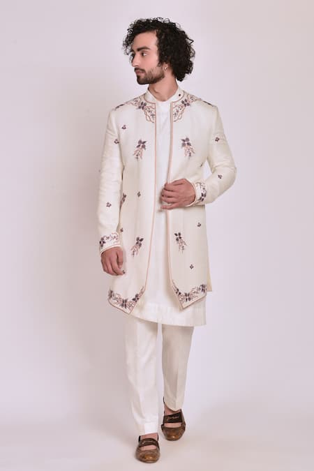 Jatin Malik White Slub Silk Embroidered Jacket And Kurta Set
