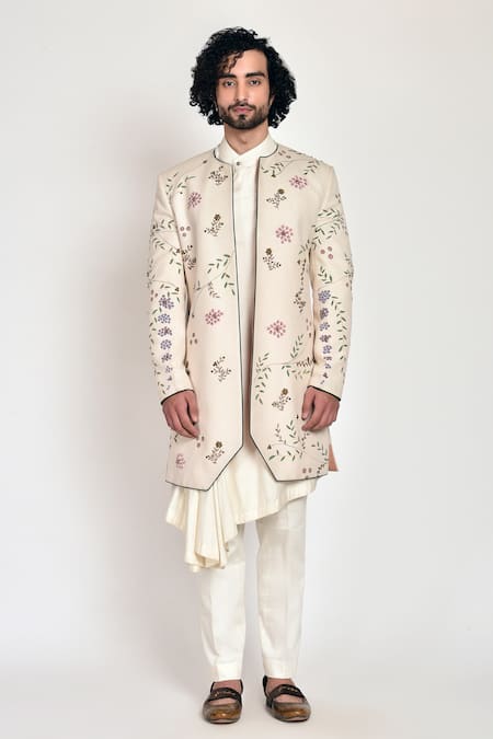 Jatin Malik White Slub Silk Hand-painted Jacket And Kurta Set 