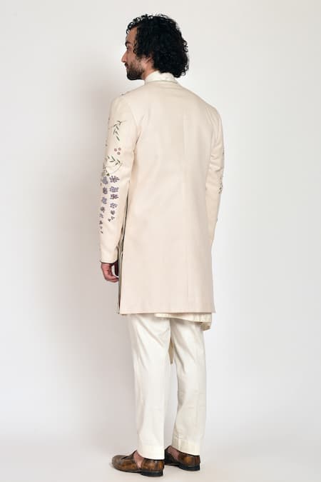 Shop Jatin Malik White Slub Silk Hand-painted Jacket And Kurta Set at Aza Fashions Shop_Jatin Malik_White Slub Silk Hand-painted Jacket And Kurta Set _at_Aza_Fashions