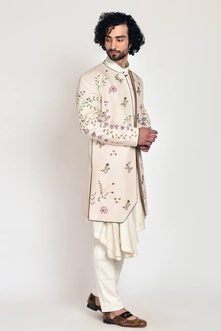 Jatin Malik White Slub Silk Hand-painted Jacket And Kurta Set Online at Aza Fashions Jatin Malik_White Slub Silk Hand-painted Jacket And Kurta Set _Online_at_Aza_Fashions