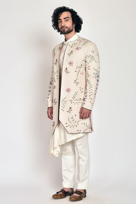 Buy Jatin Malik White Slub Silk Hand-painted Jacket And Kurta Set Online at Aza Fashions Buy_Jatin Malik_White Slub Silk Hand-painted Jacket And Kurta Set _Online_at_Aza_Fashions