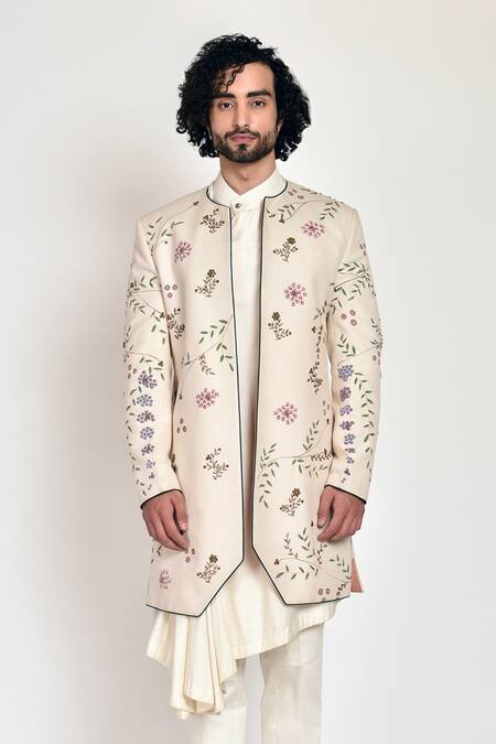Shop Jatin Malik White Slub Silk Hand-painted Jacket And Kurta Set Online at Aza Fashions Shop_Jatin Malik_White Slub Silk Hand-painted Jacket And Kurta Set _Online_at_Aza_Fashions