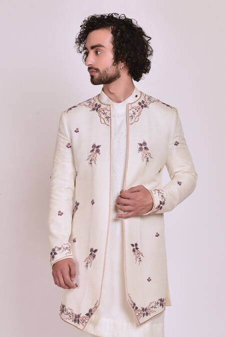 Shop Jatin Malik White Slub Silk Embroidered Jacket And Kurta Set Online at Aza Fashions Shop_Jatin Malik_White Slub Silk Embroidered Jacket And Kurta Set _Online_at_Aza_Fashions