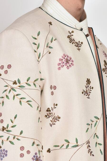 Jatin Malik White Slub Silk Hand-painted Jacket And Kurta Set at Aza Fashions Jatin Malik_White Slub Silk Hand-painted Jacket And Kurta Set _at_Aza_Fashions